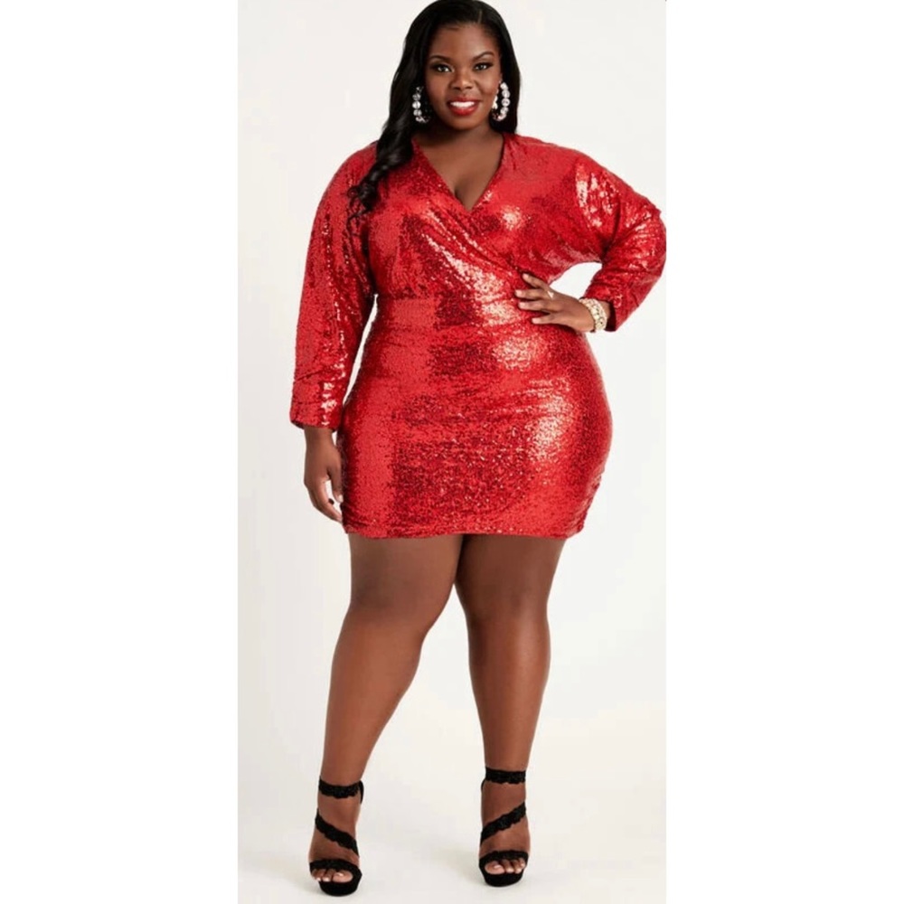 Ashley Stewart Faux-Wrap Sequin Embellished Mesh Dress